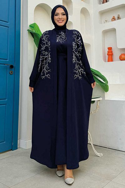 Bym Fashion Κεντητό Σετ Λεπτομερή Abaya και Φόρεμα 8486 Navy Blue