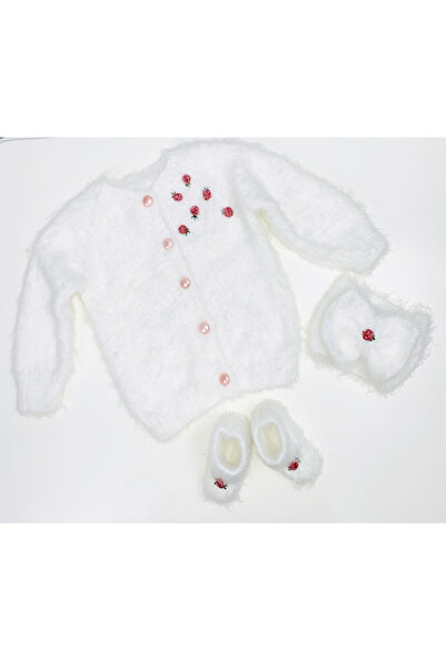 TUOBEBE Baby Girl White Crop Hand Knitted Cardigan, booties, bandana Set of 3