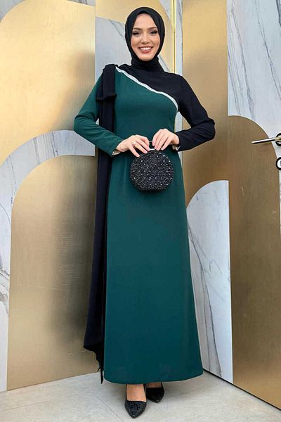 Bym Fashion Φόρεμα One Shoulder Bow Epaulettes Διπλό Χρώμα 3862 Emerald