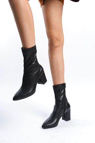 ALPELLİByAlp Kadın Siyah Sivri Burun Suni Deri Cilt Streç Topuklu Bot