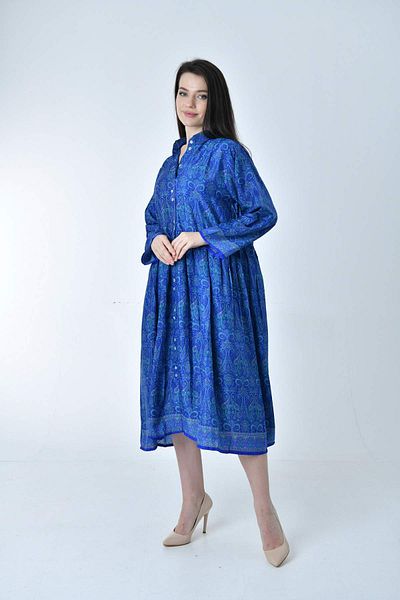 Gezgin tekstil ve aksesuar Long Ethnic Patterned Comfortable Cut Silk Dress (LONG ETHNIC PATTERNED COMFORTABLE CUT SILK DRESS)