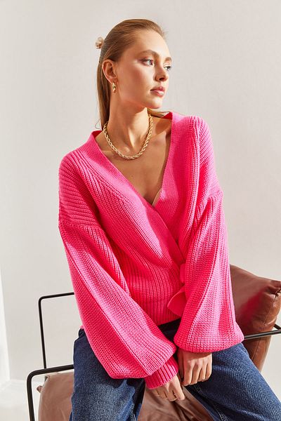 Bianco Lucci Women's Thessaloniki Braided Tie Detailed Balloon Sleeve Knitwear Cardigan