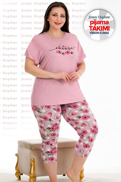 Jenny Daphne Plus Size Patterned Short Sleeve Viscose Fabric Capri Pajamas Set Lady-10681