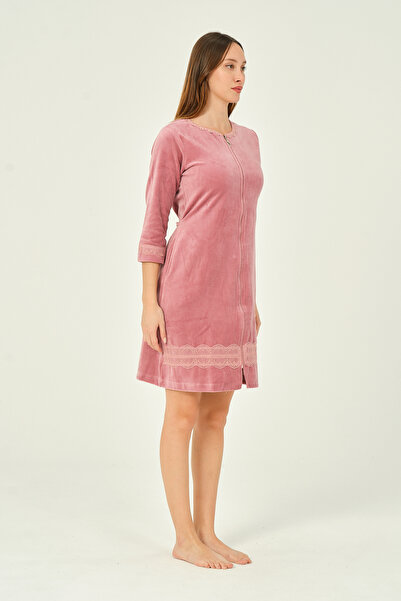 İntensive women zipper lace detailed 3/4 sleeve cotton velvet dress with pockets