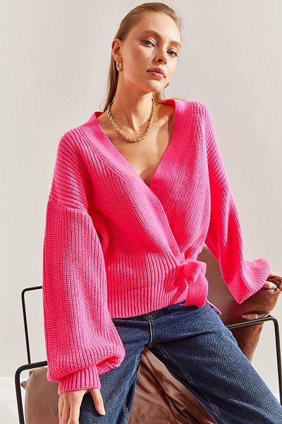Bianco Lucci Women's Thessaloniki Braided Tie Detailed Balloon Sleeve Knitwear Cardigan