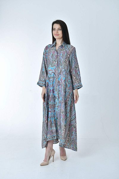 Gezgin tekstil ve aksesuar Long Ethnic Patterned Comfortable Cut Silk Dress (LONG ETHNIC PATTERNED COMFORTABLE CUT SILK DRESS)