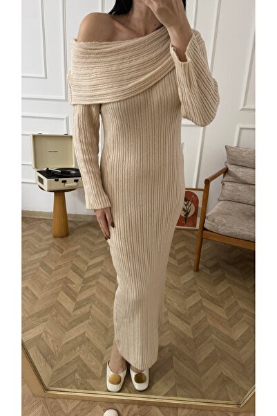 HARMONY GLOBAL Γυναικείο μακρύ πλεκτό φόρεμα με γιακά Madonna Off-the-Shoulder