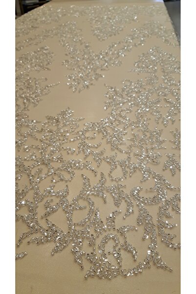 Safir Kumaş Ekru Renk İşlemeli Işıl ışıl Dantel 3Metre (3m Astar Dahil)