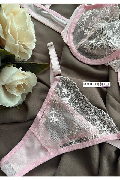 MODELLİFE ROZ Floral Brode Sârmă BRA Sutien Lenjerie Intima Set Tanga PUDRĂ