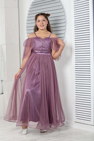 Wild Flower Kız Çocuk Omzu Tül Detaylı Uzun Abiye Elbise Düğün ve Nikah Kıyafeti