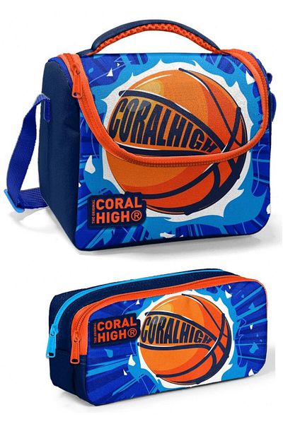 Coral High Set cutie de prânz pentru baschet pentru băiat, albastru portocaliu