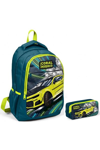 Coral High Комплект раница и моливи за начално училище Nefti с жълта кола