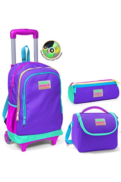 Coral High طقم حقيبة مدرسية أرجوانية للفتيات - عجلات مضيئة