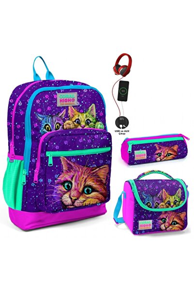 Coral High Mor Kedi Usb Soketli Üçlü Ilkokul Çanta Seti - Kız Çocuk