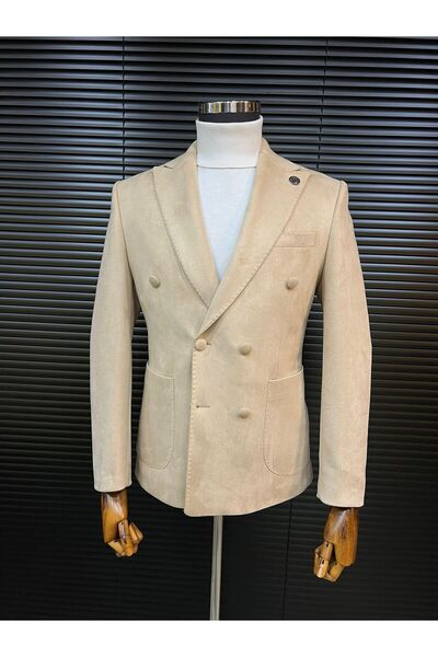 Terziayhan Beige velvet slimfit double-breasted jacket
