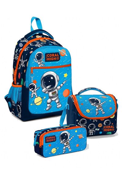 Coral High Rucsac de școală cu trei compartimente pentru bărbați, set cutie de prânz și suport pentru stilouri, albastru bleumarin Astron