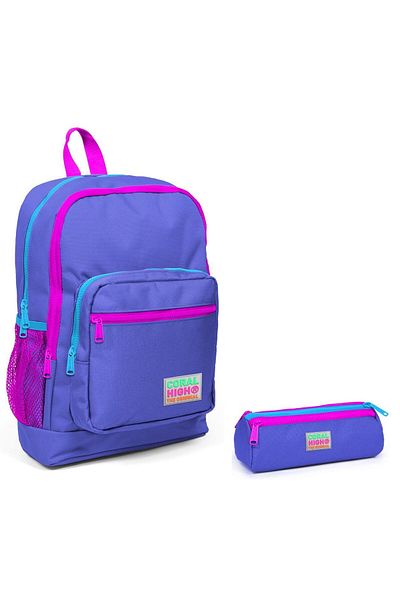 Coral High Set rucsac și suport stilou pentru școală elementară - cu fermoar violet roz