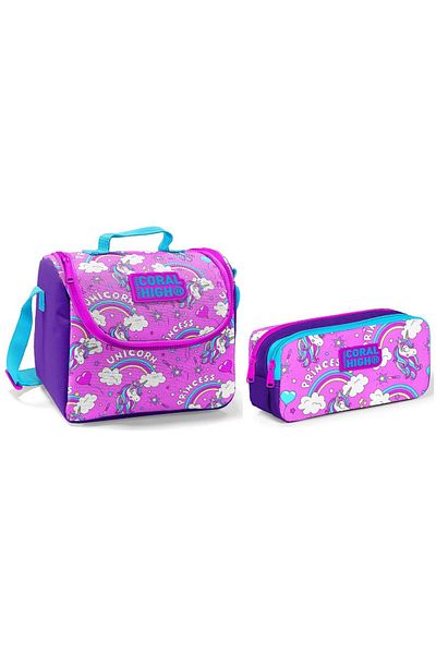 Coral High Set cutie de prânz și suport stilou - roz - unicorn - fetiță