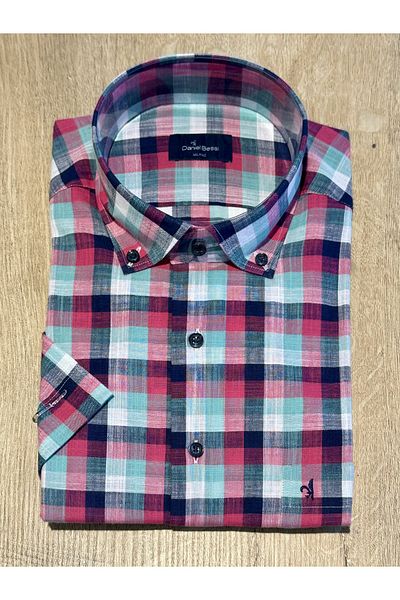 Daniel Bessi Κοντό μανίκι Regular Fit Τσέπη Φούξια καρό Navy Blue Classic Ανδρικό πουκάμισο