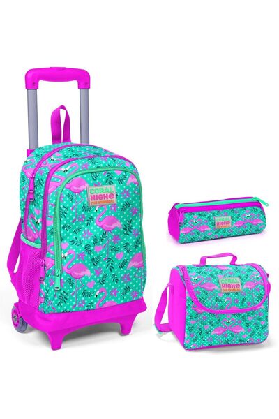 Coral High Yeşil Flamingo Kız Çocuk Çekçek Çanta Seti - Işıklı Tekerlekler