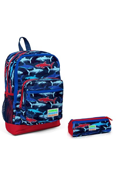 Coral High Primary School Backpack and Pen Holder Set - Blue-red Shark Printed