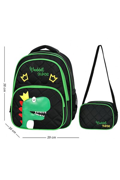 Puzmo Geantă pentru școală primară cu imprimeu din dinozaur negru verde Waddell - Set geantă pentru școală Waddell Bag - Fată