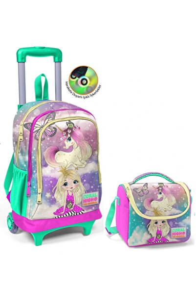 Coral High Water Green Unicorn Patterned Girl's School Bag and Lunch Set - Lighted Wheels