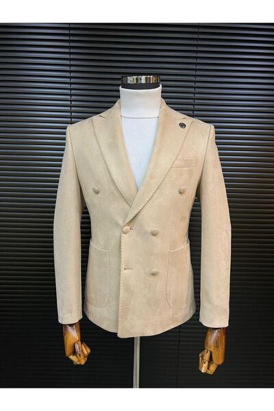 Terziayhan Beige velvet slimfit double-breasted jacket