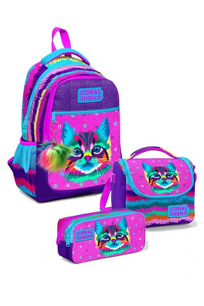 Coral High Rucsac de școală cu trei compartimente pentru fete, set cutie de prânz și suport pentru stilouri, pisică violet roz