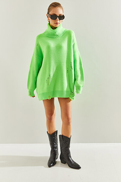 Bianco Lucci Women's Turtleneck Ripped Patterned Oversize Knitwear Sweater