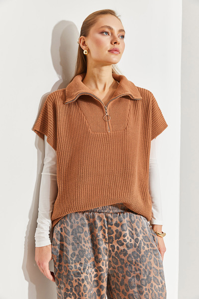 Bianco Lucci Dámský pletený svetr na zip s krátkým rukávem