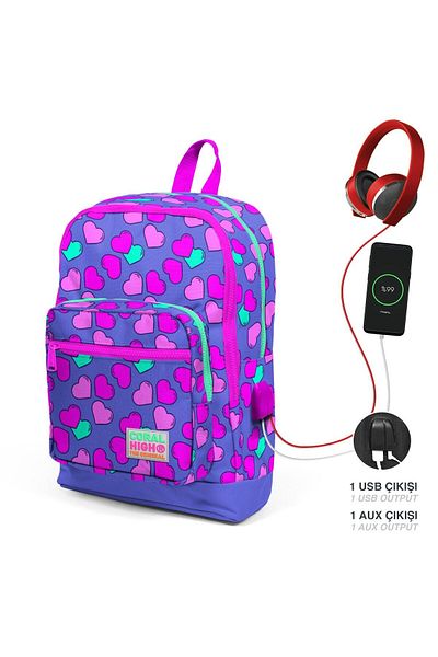 Coral High Set ghiozdan și cutie de prânz - Inimă roz lavandă pentru fete - cu priză USB
