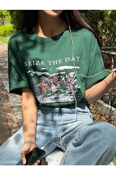 Tarzsokak Tricou supradimensionat cu imprimeu Seize The Day, albastru bleumar...