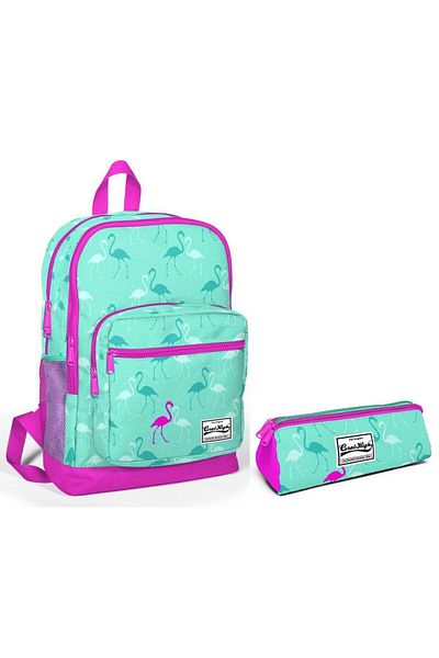 Yaygan Çanta Set rucsac și suport stilou pentru școală primară cu patru ochi - Flamingo verde pentru fete
