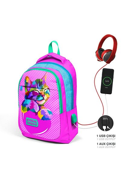 Coral High Set cutie de prânz și școală primară și gimnazială - Pisică drăguță roz pentru fete - cu priză USB