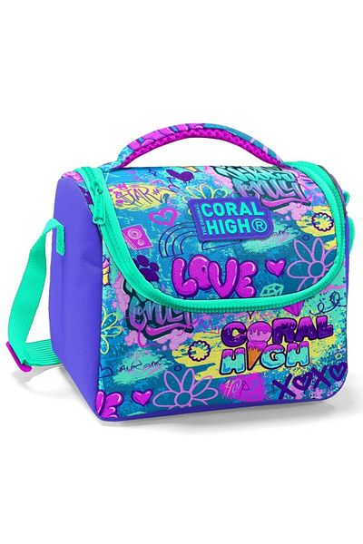 Coral High Geantă de prânz pentru școală cu graffiti lavandă pentru fete - izolată termic