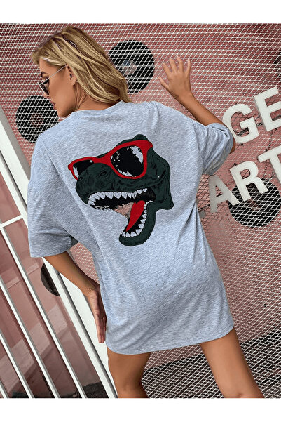 Adrift Ženski sivi ranac Štampano Dinosaur Oversize kroj T-shirt