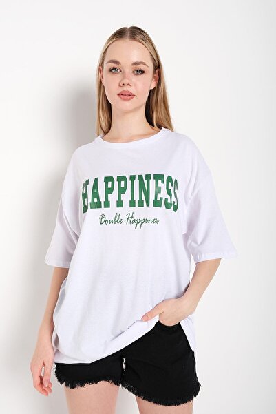 Tarzsokak Γυναικείο μπλουζάκι με στάμπα White Happiness Oversize