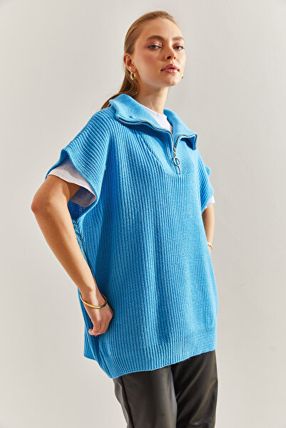 Bianco Lucci Dámský pletený svetr na zip s krátkým rukávem