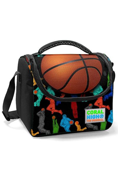 Coral High Geantă de prânz pentru bărbați cu imprimeu baschet negru portocaliu