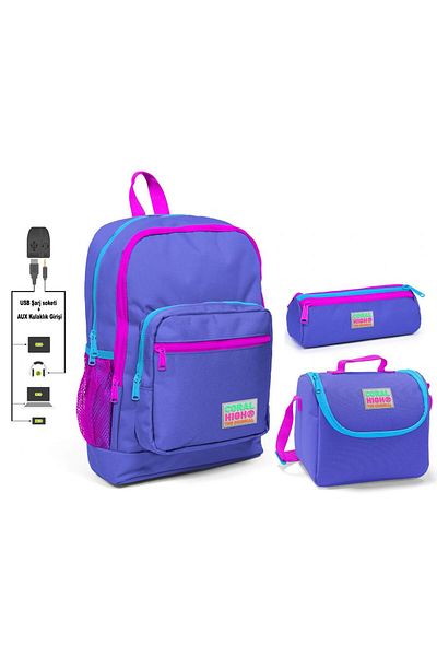 Coral High Set Geanta pentru Scoala Primara Fete Mov - Cu Port USB
