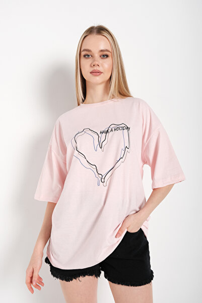 Adrift Ženska Prugasto figura srce puder roze T-shirt za praznik Štampano