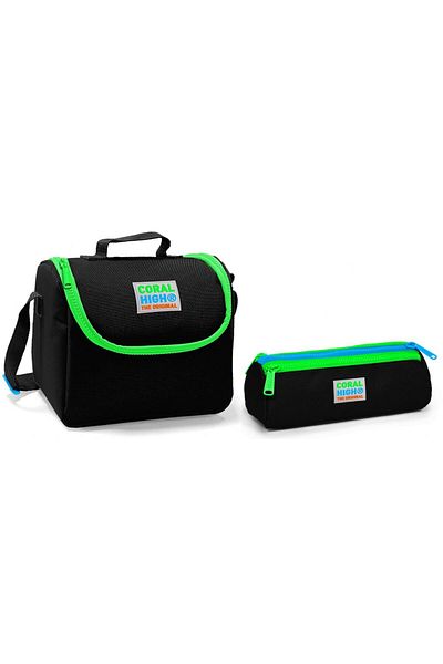 Coral High Set cutie de prânz și suport pentru stilou pentru băiat negru - Thermo