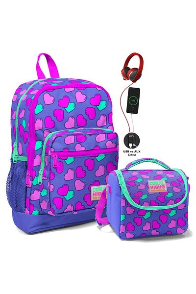 Coral High Set ghiozdan și cutie de prânz - Inimă roz lavandă pentru fete - cu priză USB