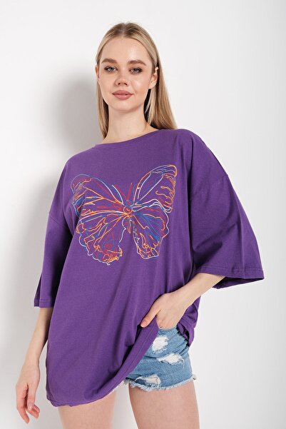Adrift Ženska ljubičasta Oversize kroj T-shirt prednja laserska leptir Štampa...