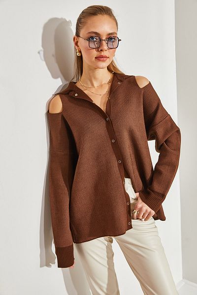 Bianco Lucci Women's Shoulder Low-cut Collar Knitwear Cardigan