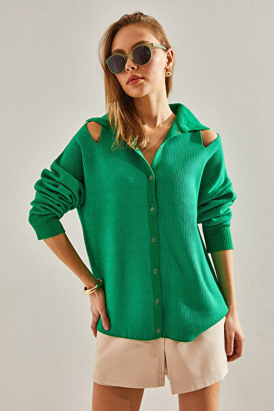 Bianco Lucci Women's Shoulder Low-cut Collar Knitwear Cardigan