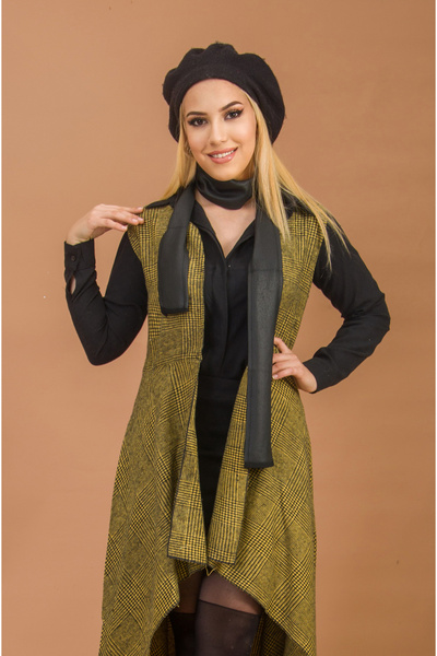 Aişe tesettür Women's Mustard Black Striped Long Vest