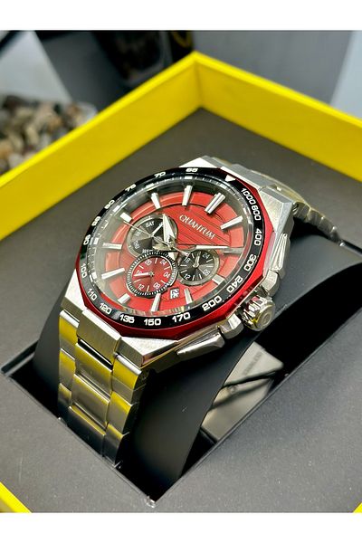 Quantum Multifunctional Quartz Steel Grey Red Dial 10ATM Waterproof 45 mm Men's Wristwatch