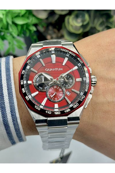Quantum Multifunctional Quartz Steel Grey Red Dial 10ATM Waterproof 45 mm Men's Wristwatch